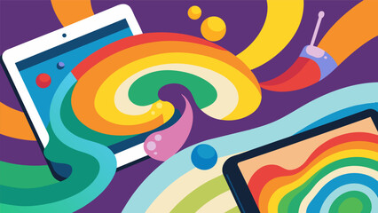 Wall Mural - A rainbow of colors swirls on the tablet screens as the students experiment with various digital brushes and tools testing their limits and pushing. Vector illustration