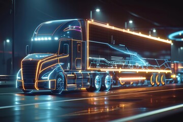 A futuristic truck with trailer scene with wireframe intersection close up