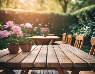 Wall Mural - Garden atmosphere with wooden tables and flower