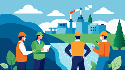 Wall Mural - Engineers observing the environmental impact of the hydro plant and implementing strategies to mitigate any negative effects.. Vector illustration