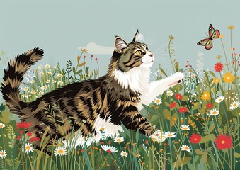 Wall Mural - Majestic Striped Cat in Flower-Filled Meadow Playfully Reaches for Butterfly under Clear Blue Sky in Stunning Nature Illustration