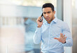 © peopleimages.com - Phone call, stress and confused business man in office with problem, error and mistake for online discussion. Corporate, frustrated and person on smartphone for contact, talking and communication