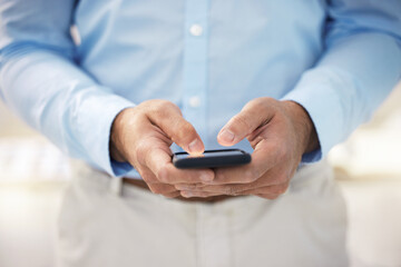 Poster - Business man, hands and planning on phone in office, communication and employee on internet. Male person, consultant and check email or online for research, project management and app for networking