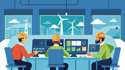 Wall Mural - Inside the control room a team of highly skilled operators carefully monitors the turbines generators and water levels to maximize energy production.. Vector illustration