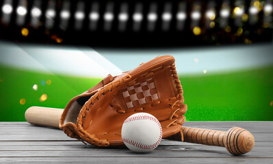 Canvas Print - Baseball bat, glove and ball on wooden table at stadium, banner design