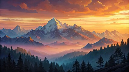 Canvas Print - Stunning mountain range at sunset with dramatic sky.