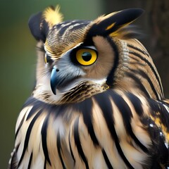 Wall Mural - Close up of an owl with striking yellow eyes, perched on a branch1