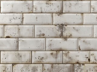 Wall Mural - Imperfect, deteriorated white tile wall exhibiting signs of weathering and wear. Vintage, textural design element