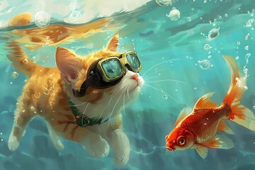 Wall Mural - cartoon of a cat wearing swimming googles, swimming under water, as a gold fish swims past 