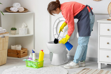 Poster - Young woman cleaning toilet bowl in modern bathroom