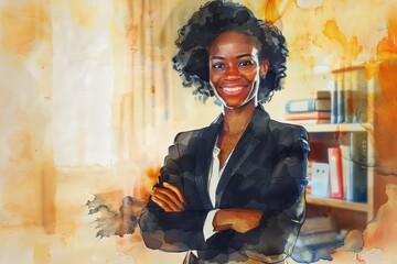 Sticker - smiling black female manager with arms crossed, office in background, 