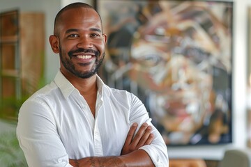 Canvas Print - smiling black hispanic manager with arms crossed, office in background 