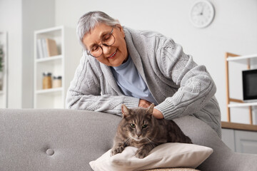 Wall Mural - Senior woman with cat on sofa pillow at home