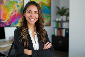 Canvas Print - smiling hispanic female manager with arms crossed, office in background 