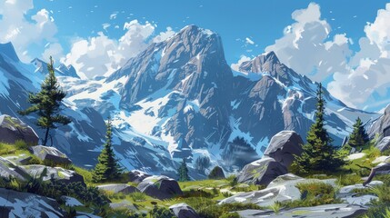 Wall Mural - Mountain scenery with snow and rocks during the spring and summer seasons