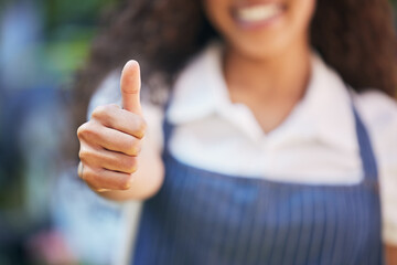 Wall Mural - Girl, florist and thumbs up in outdoor for success of startup, small business and growth of nursery for sustainable retail. Woman, entrepreneur and hand gesture for yes with floral studio for flowers