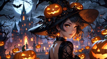 Wall Mural - Halloween anime girl with pumpkins. Generative AI