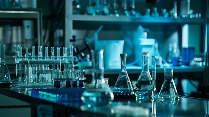 a laboratory photograph, laboratory equipment, scientific research tools, glass labware, blue tones,