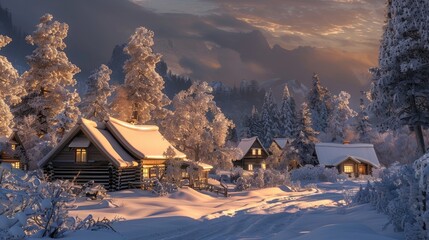 Charming winter scenery featuring wooden cottages a wintry village icy trees illuminated by gentle sunlight and beautiful natural views