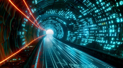 a tunnel of glowing binary codes and circuit lines, futuristic technology background digital cyber tech wallpaper