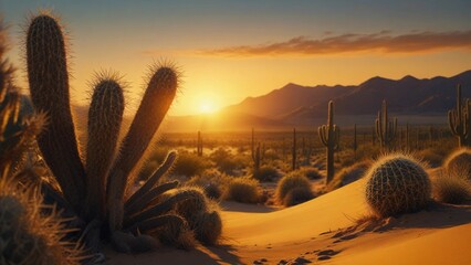 Wall Mural - illustration of a cactus in the desert with a sunset view