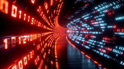 Wall Mural - a tunnel of glowing binary codes and circuit lines, futuristic technology background digital cyber t