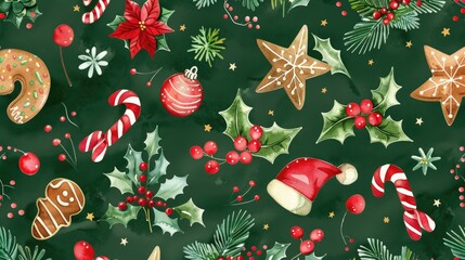 Wall Mural - Pattern for Christmas with hand drawn red and green watercolor elements like gingerbread candy holly berries and stars on a green background for printing