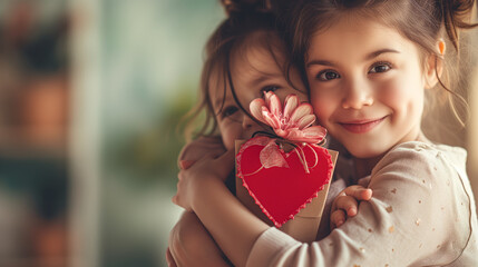 Wall Mural - child looking at camera cuddle hug give flower gift box red heart card to sister