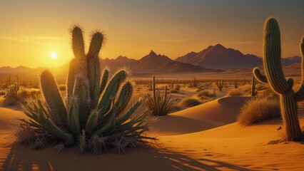 Wall Mural - illustration of a cactus in the desert with a sunset view