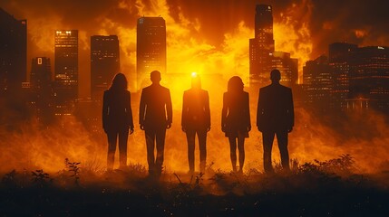 Wall Mural - Five people standing in front of a city skyline, dressed in business attire in front of a dark background