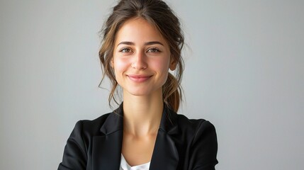 Sticker - beautiful business woman exuding positivity and grace, her smile lighting up the frame as she stands confidently against a pure white background