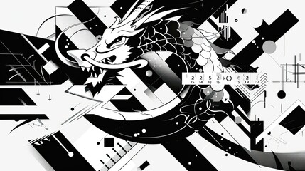 Wall Mural - constructivism art style, use pareidolia Calender chart as color blocks or space sf to orming a Chinese dragon in black and white 