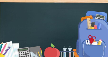 Poster - Colored pencils, notebooks, and an apple lie before a blackboard