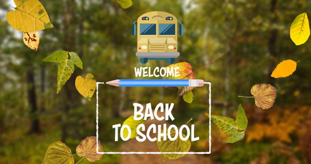 Wall Mural - School bus in autumn forest welcoming students back