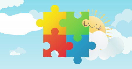 Wall Mural - four colorful puzzle pieces fitting together in sky