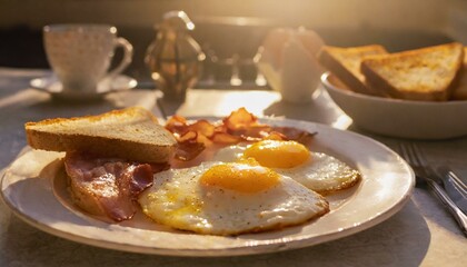 Wall Mural - Sunny side up eggs with slices of bacon and slices of toast on a white plate in a kitchen
