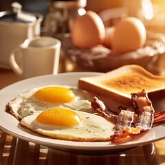 Wall Mural - Sunny side up eggs with slices of bacon and slices of toast on a white plate in a kitchen
