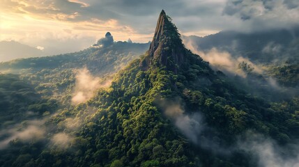 Wall Mural - A dramatic mountain peak rising above a dense forest, with the morning mist slowly lifting to reveal the surrounding landscape 32k, full ultra hd, high resolution