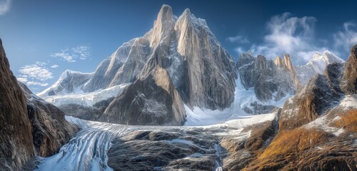 Wall Mural - A dramatic mountain peak with sharp, rugged cliffs and a glacier flowing down its side, under a bright, clear sky 32k, full ultra hd, high resolution