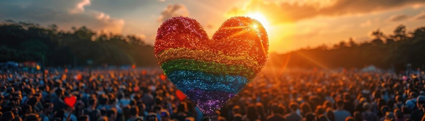 Vibrant rainbow heart balloon soaring above a lively crowd at sunset, symbolizing love and unity in an open-air celebration.