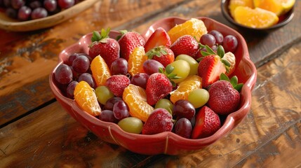 Wall Mural - Heart-shaped fruit bowl with a mix of fresh strawberries, grapes, and orange segments, a colorful display