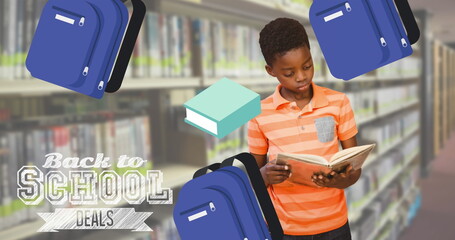 Poster - In school, African American student is reading book, standing in a library