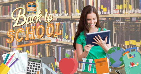 Sticker - In school library, Caucasian student holding tablet, wearing green top