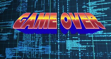 Wall Mural - bright red game over text appearing over blue digital code background