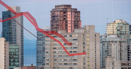 Wall Mural - Red graph line overlaying cityscape, indicating downward trend