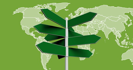 Wall Mural - Image of road sign and world map on green background