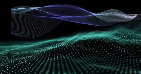 Wall Mural - image of curved blue mesh structure over undulating green 3d landscape on black background