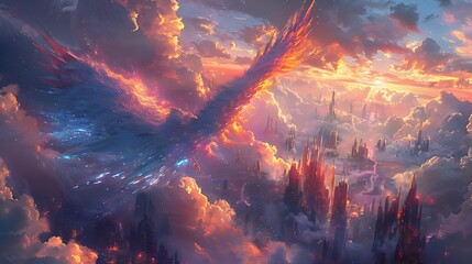 Wall Mural - avian alien with wings made of energy on a cloudcovered planet with floating cities and perpetual storms