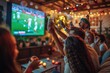 © Summit Art Creations - A jovial crowd of friends is raising glasses in a toast while attentively watching a soccer game on a television in a cozy bar decorated with lights. AIG41