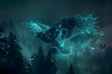 Wall Mural - A glowing blue bird is flying through a forest. The image has a dreamy, ethereal quality to it, with the bird appearing almost otherworldly. The forest setting adds to the sense of mystery and wonder